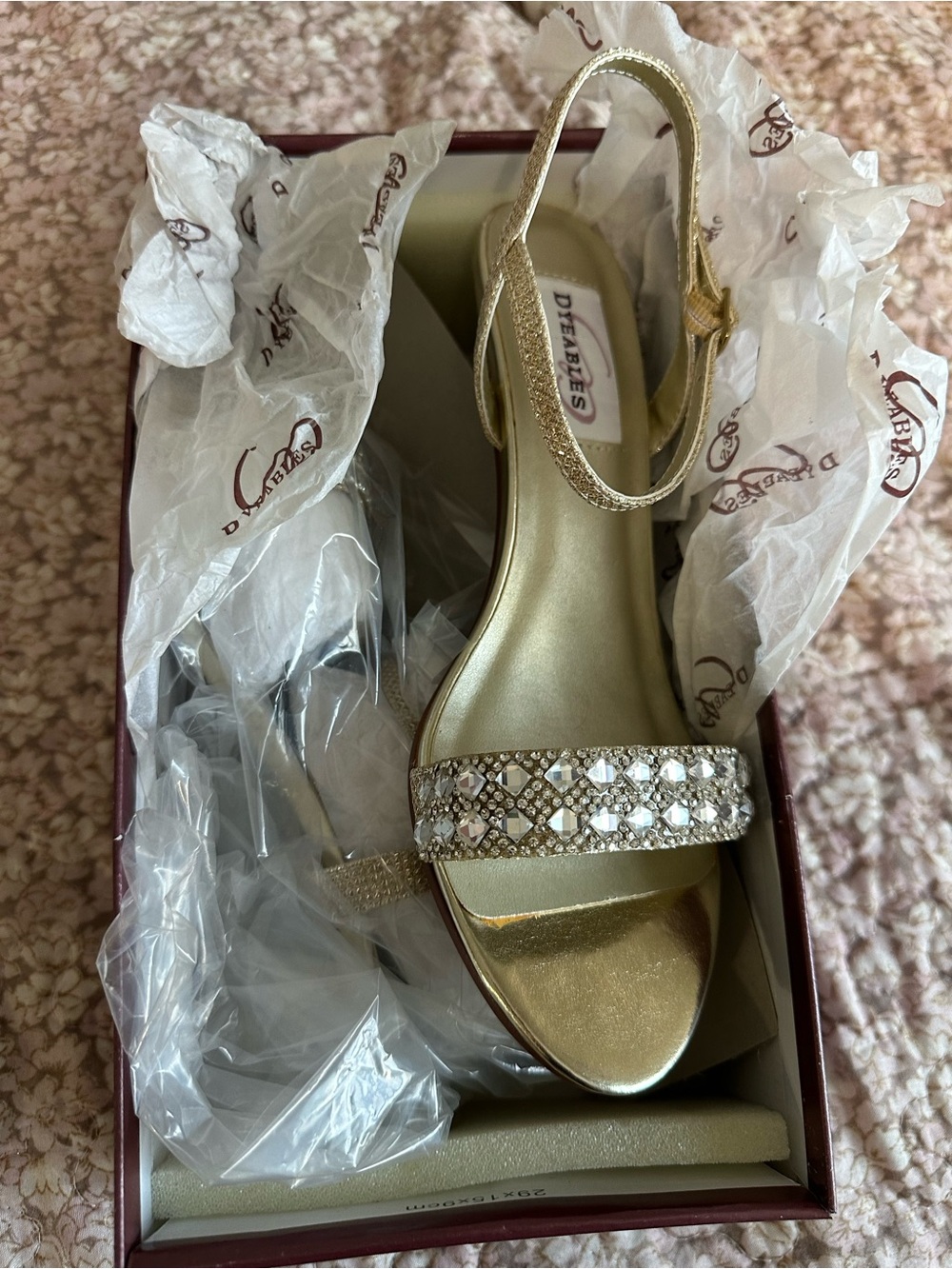 Gold Crystal Strap Dress Heels Dyeables brand size 8 New in Box